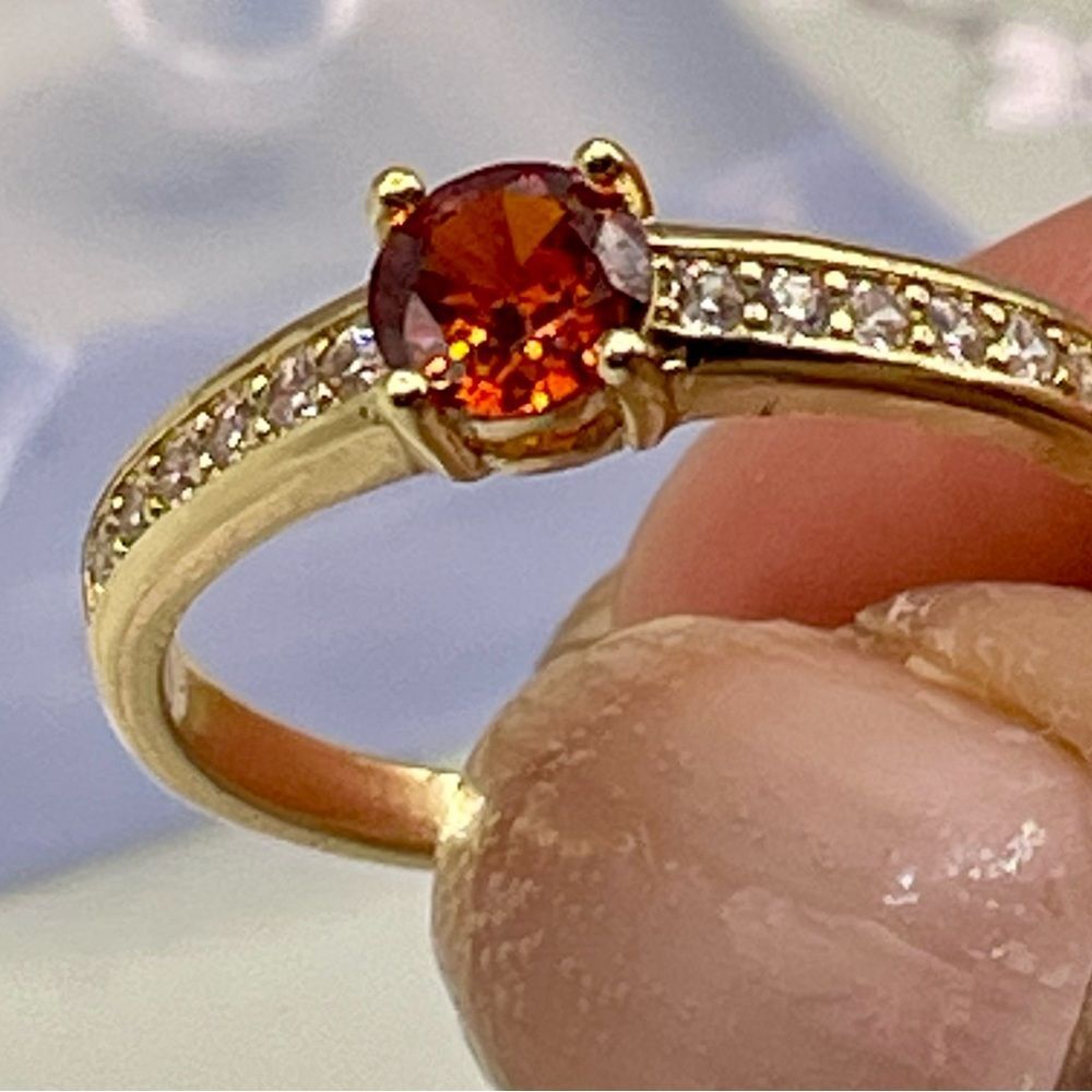 Gold Plated Faux Garnet and Clear Rhinestone Ring. Size 8